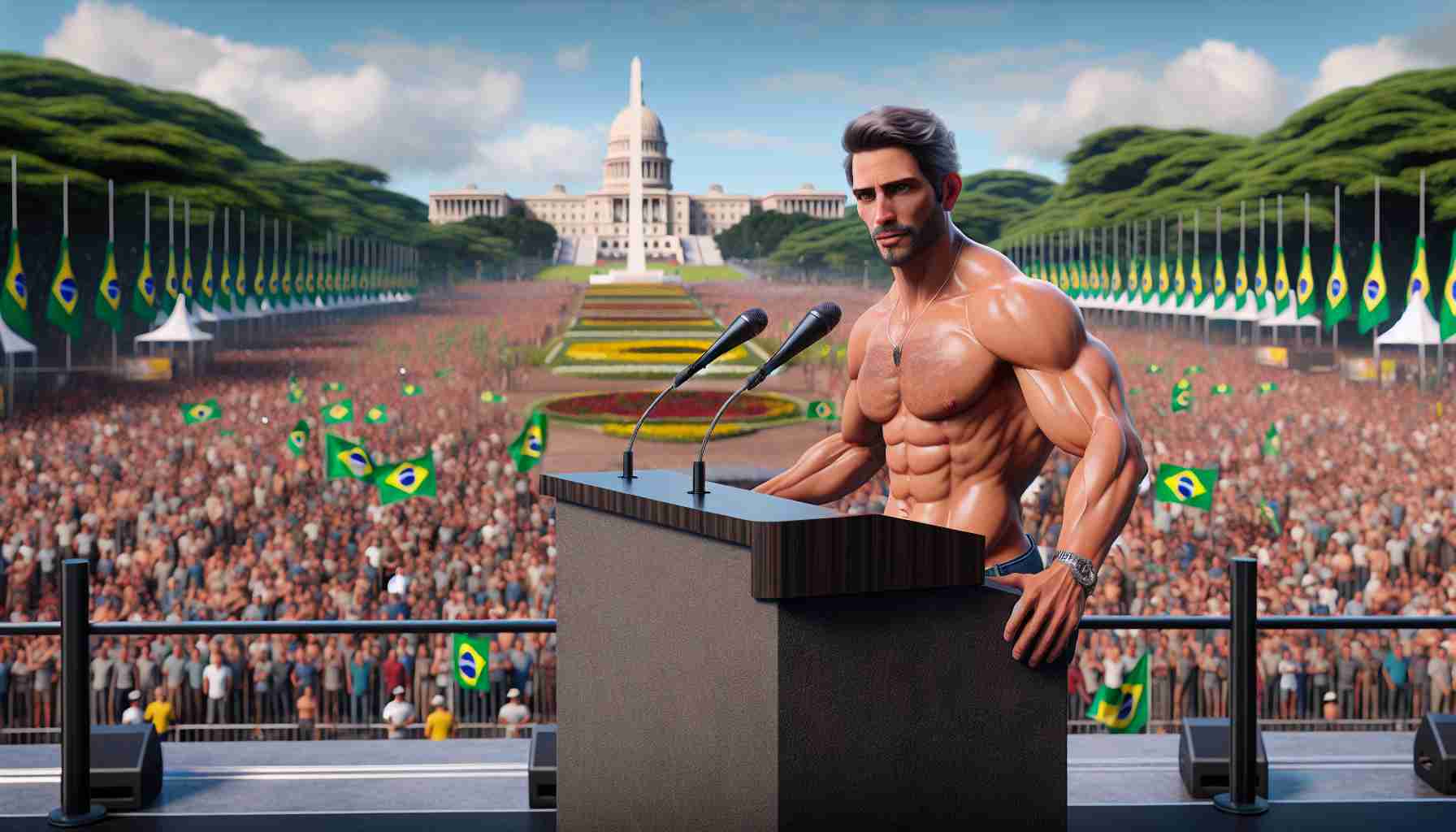 A realistic HD photo of a charismatic tech entrepreneur with a lean physique, notable for his dedication to innovation, taking a stand for freedom of expression in Brazil. The entrepreneur is giving a passionate speech on a stage, surrounded by a large crowd. The stage is adorned with flags and banners, representing the theme of freedom of expression. The setting is a large public park in Brazil, under a sunlit sky, showing iconic elements of Brazilian nature and culture in the background.