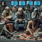 Create a high-resolution, realistic image showing the struggle of stranded migrants at an unspecified major city airport. It is a scene of desperation, with a diverse group of people. Include a Caucasian man with a weary face sitting on his suitcase, a Hispanic woman looking anxiously at the departure board, a black teenager playing with a small, tattered toy, a Middle-Eastern elderly couple sharing a blanket in a cold corner, and a South Asian mother trying to soothe her crying baby.