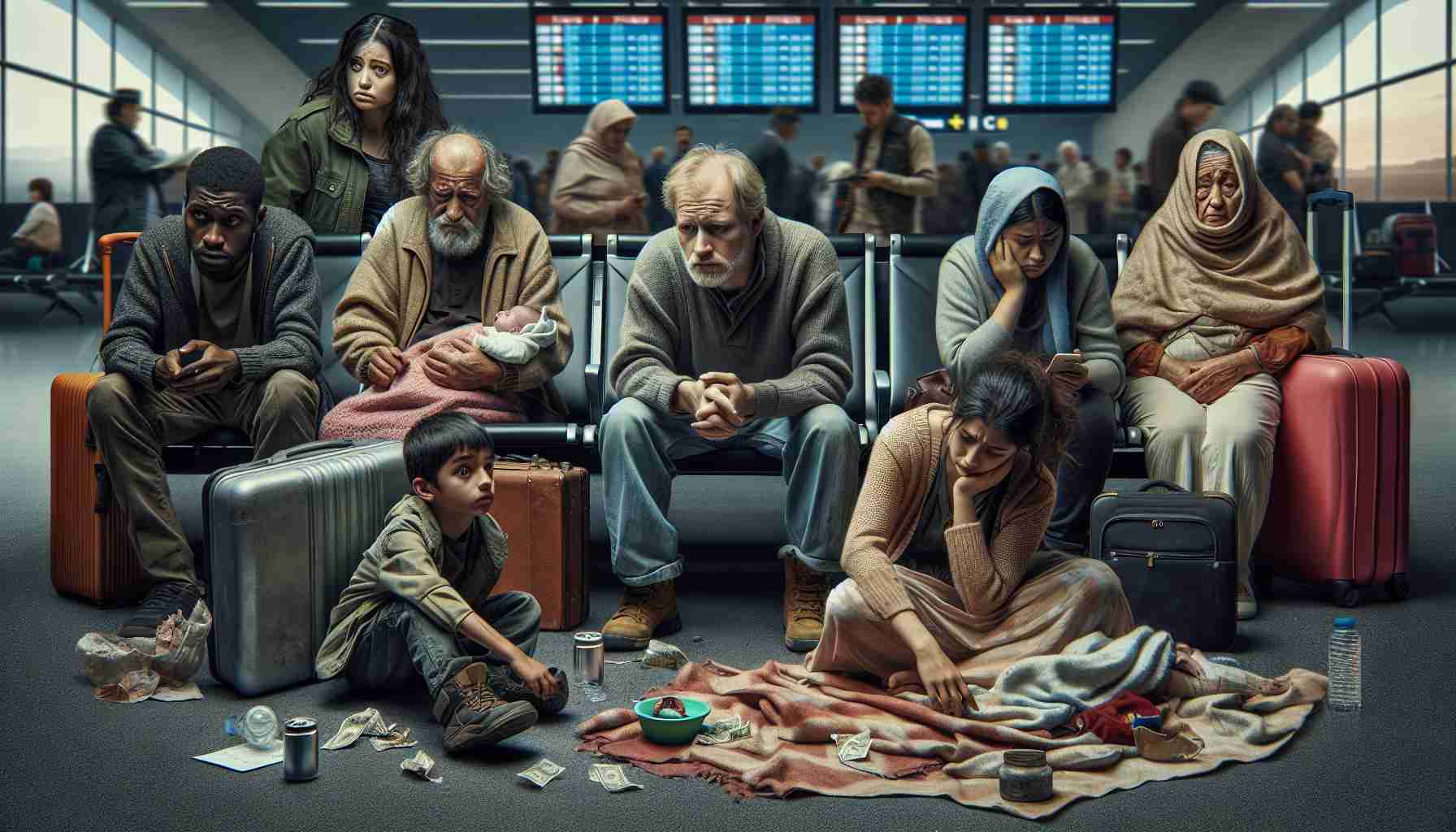 Create a high-resolution, realistic image showing the struggle of stranded migrants at an unspecified major city airport. It is a scene of desperation, with a diverse group of people. Include a Caucasian man with a weary face sitting on his suitcase, a Hispanic woman looking anxiously at the departure board, a black teenager playing with a small, tattered toy, a Middle-Eastern elderly couple sharing a blanket in a cold corner, and a South Asian mother trying to soothe her crying baby.