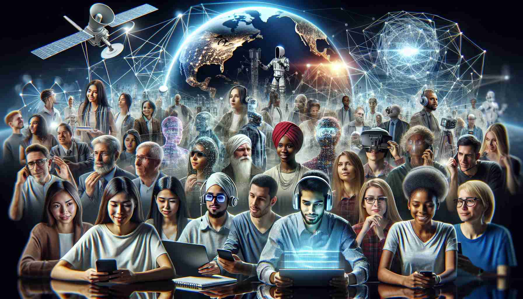 A realistic high-definition image illustrating the concept of how technology is shaping the future of communication. The image depicts a diverse array of individuals, from various ethnic backgrounds such as Caucasian, Hispanic, Black, Middle-Eastern, South Asian, and White, engaging in different forms of digital communication. Some are seen using futuristic devices for video conferencing, others are working with advanced holographic interfaces or augmented reality glasses. In the background, networks of glowing lines symbolize the global connectivity offered by the internet and satellite communication.