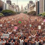 Generate a high-definition, realistic image of a protest rally in Sao Paulo, Brazil with an assortment of people expressing discontent over the tax increase on luxury goods. Shows a view of the city's landmarks, protesters holding a variety of banners, and placards protesting the tax hike. The crowd is multiracial, with a mixture of genders and ages, displaying a variety of emotions ranging from frustration to determination.