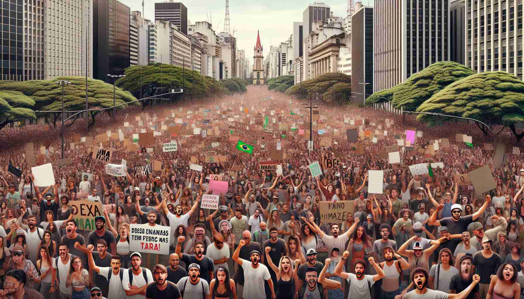 Generate a high-definition, realistic image of a protest rally in Sao Paulo, Brazil with an assortment of people expressing discontent over the tax increase on luxury goods. Shows a view of the city's landmarks, protesters holding a variety of banners, and placards protesting the tax hike. The crowd is multiracial, with a mixture of genders and ages, displaying a variety of emotions ranging from frustration to determination.