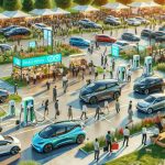 A highly detailed and realistic image of a thriving electric vehicle market. The scene includes several electric vehicle charging stations dotted among green spaces, a variety of electric cars of different models and colors on display, and a critical mass of people interested and engaging in the market. There are signs promoting the benefits of electric vehicles, such as reduced emissions and energy efficiency. Vendors and customers of varying gender and descent are present in the scene, all engaged in discussions about electric vehicles.