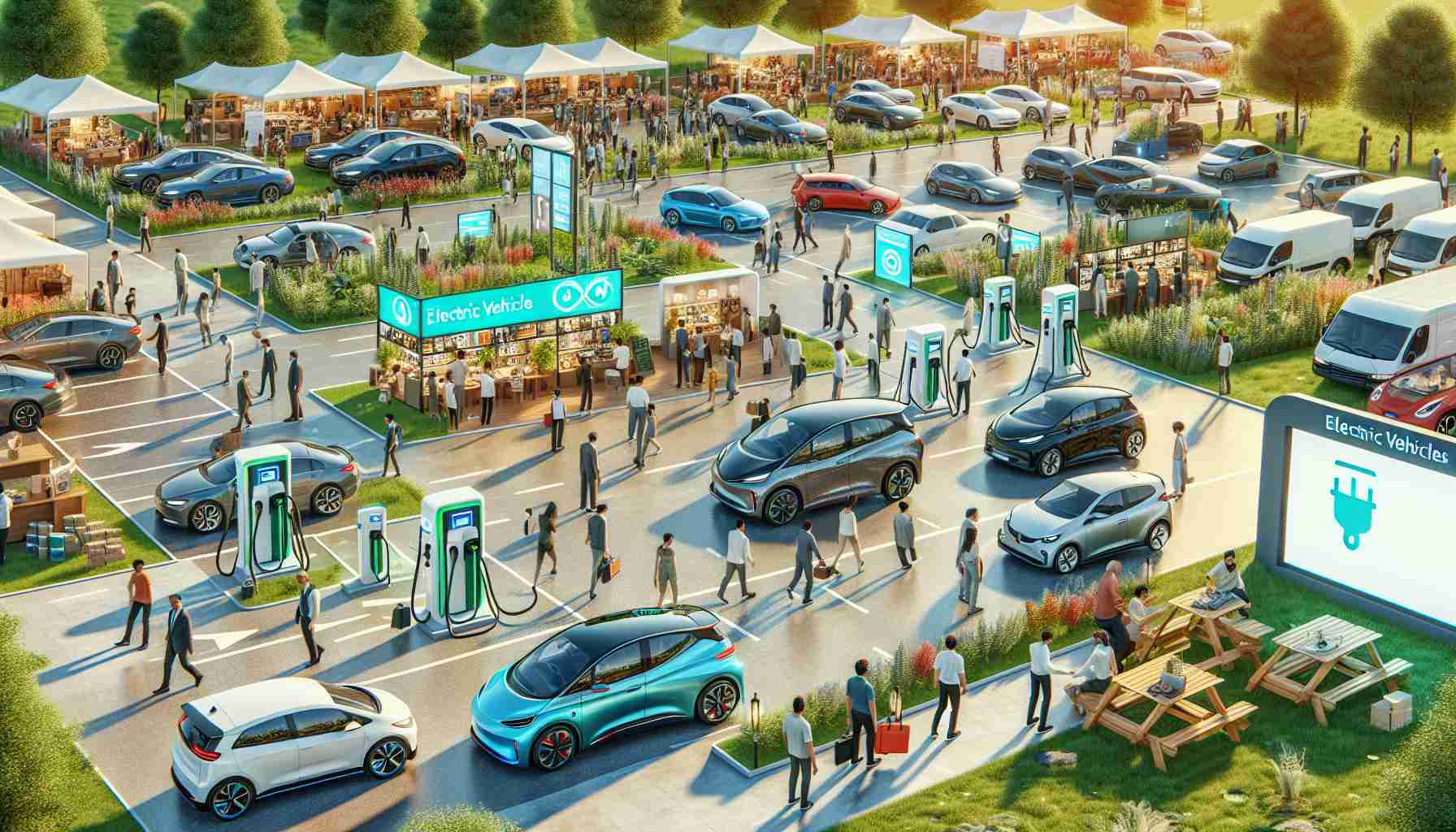 A highly detailed and realistic image of a thriving electric vehicle market. The scene includes several electric vehicle charging stations dotted among green spaces, a variety of electric cars of different models and colors on display, and a critical mass of people interested and engaging in the market. There are signs promoting the benefits of electric vehicles, such as reduced emissions and energy efficiency. Vendors and customers of varying gender and descent are present in the scene, all engaged in discussions about electric vehicles.