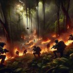 Realistic high definition image capturing an intense scenario of a daring rescue mission unfolding in the heart of a lush, thick jungle. The scene is dramatiс, with the dense forest in flames, producing a smoky red-orange glow. The heart-palpitating action of the rescue team, consisting of both Caucasian and Black male and female operatives--who are expertly navigating this fiery labyrinth--is in full swing. Fearless and determined, they dodge the streaks of flame, their faces set in intense concentration as they seek those trapped within this fiery jungle inferno.