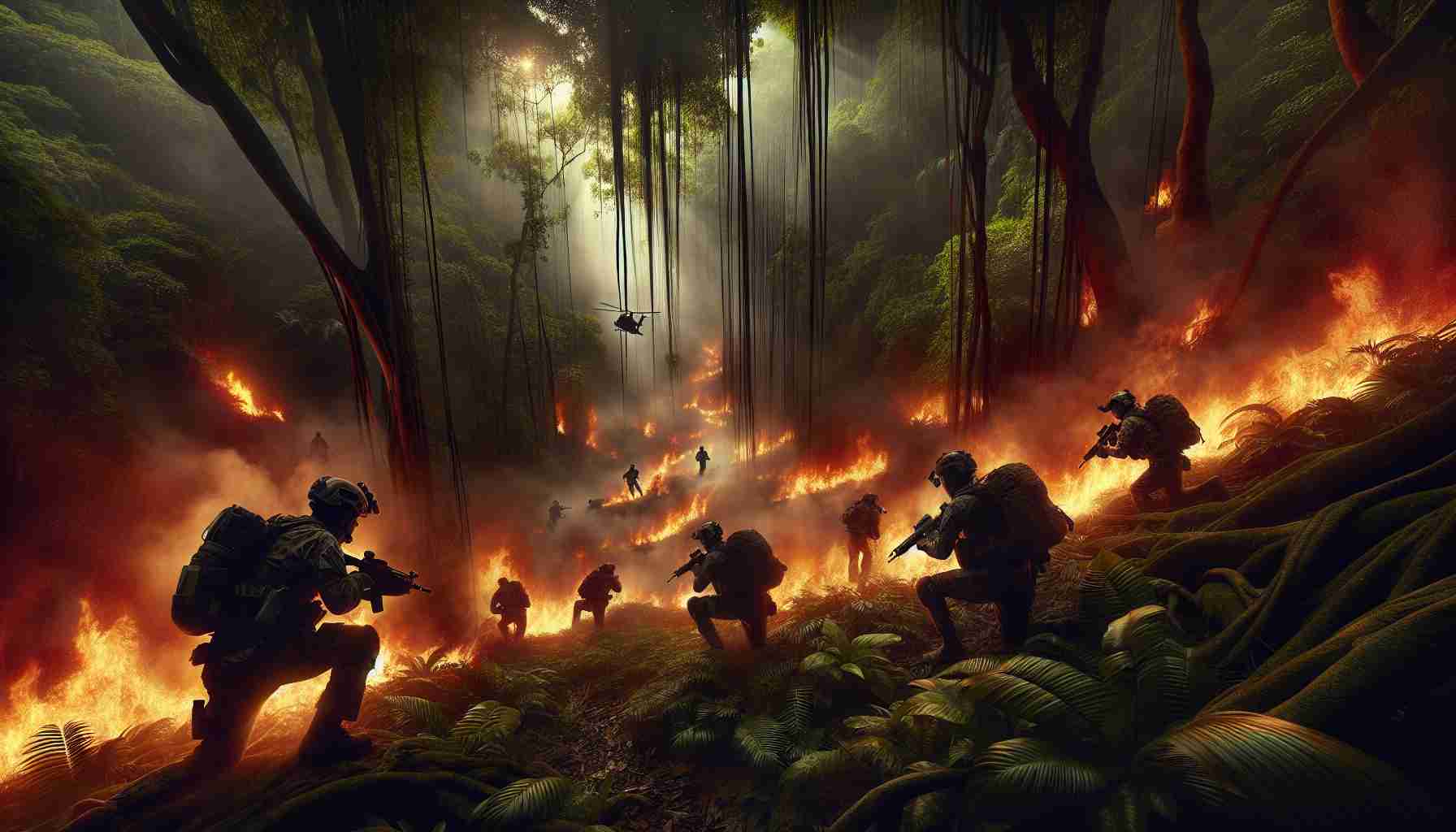 Realistic high definition image capturing an intense scenario of a daring rescue mission unfolding in the heart of a lush, thick jungle. The scene is dramatiс, with the dense forest in flames, producing a smoky red-orange glow. The heart-palpitating action of the rescue team, consisting of both Caucasian and Black male and female operatives--who are expertly navigating this fiery labyrinth--is in full swing. Fearless and determined, they dodge the streaks of flame, their faces set in intense concentration as they seek those trapped within this fiery jungle inferno.