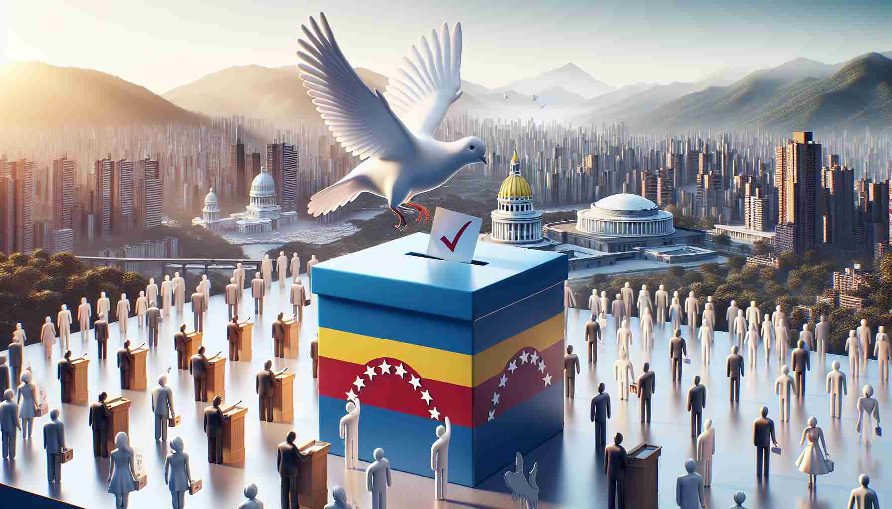 A high-definition, realistic image depicting the concept of emerging democratic progress in a South American country. The image can involve symbols of democracy such as a ballot box, a dove, and citizens casting their votes. The background can show landmarks or landscapes indicative of Venezuela, without featuring any specific public figures.