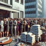 A realistic high-definition image depicting the situation of a growing coffee addiction crisis in Brazil. The scene contains several elements such as a line of people of different descents, including Caucasian, Black, and Hispanic, men and women alike, eagerly waiting outside a busy coffee shop in an urban setting. Stacked coffee bags and coffee cups are scattered around. Numerous newspapers and articles about the coffee crisis are visible on the tabletops and in peoples' hands. The atmosphere is both vibrant from the rush of the city yet tense under the looming crisis.