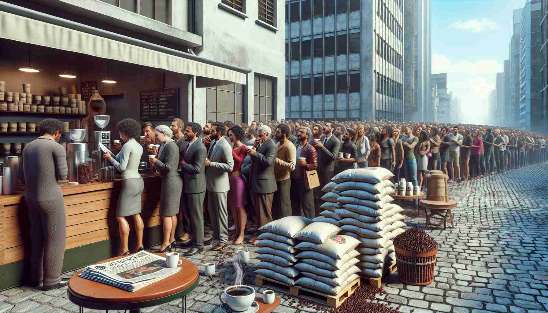 A realistic high-definition image depicting the situation of a growing coffee addiction crisis in Brazil. The scene contains several elements such as a line of people of different descents, including Caucasian, Black, and Hispanic, men and women alike, eagerly waiting outside a busy coffee shop in an urban setting. Stacked coffee bags and coffee cups are scattered around. Numerous newspapers and articles about the coffee crisis are visible on the tabletops and in peoples' hands. The atmosphere is both vibrant from the rush of the city yet tense under the looming crisis.