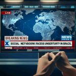 Create a realistic high-definition photo of a Breaking News headline that says, 'X Social Network Faces Uncertainty in Brazil'. The photo should look like a news broadcast, with a focus on the headline, including other news elements like the world map in the background, the news channel logo, and the running ticker at the bottom.