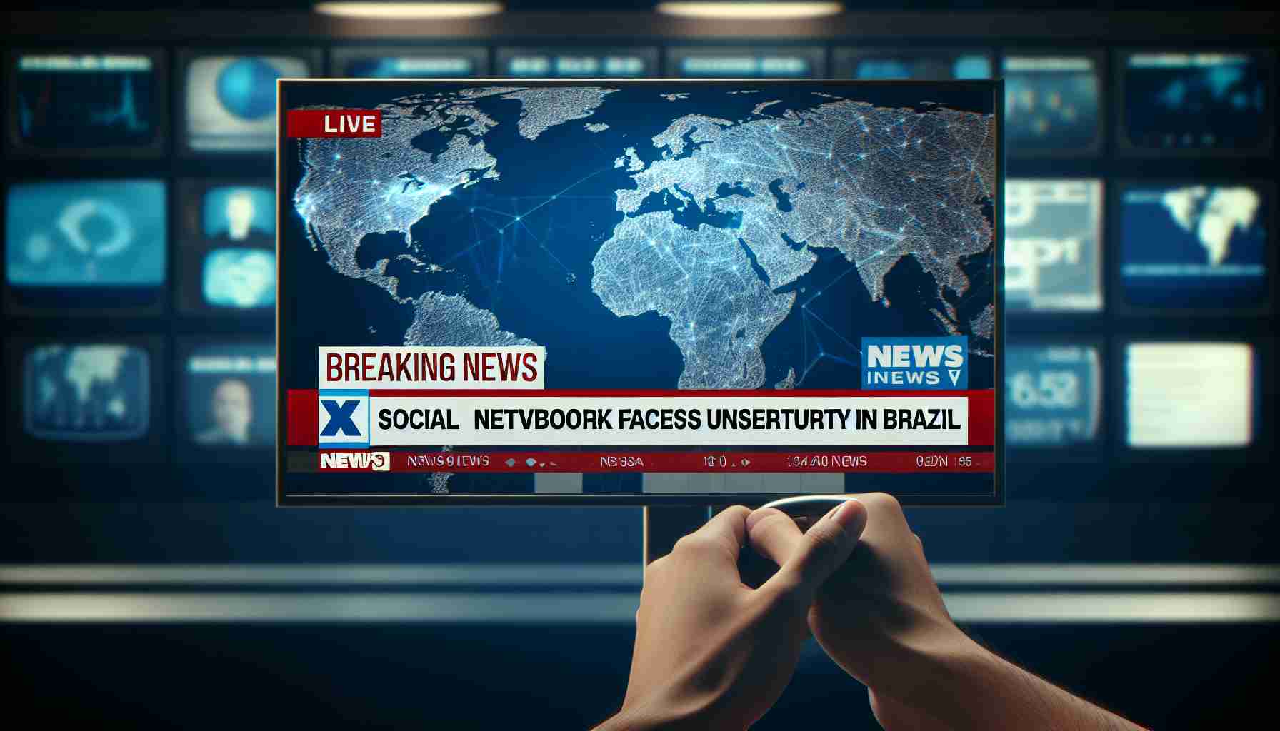 Create a realistic high-definition photo of a Breaking News headline that says, 'X Social Network Faces Uncertainty in Brazil'. The photo should look like a news broadcast, with a focus on the headline, including other news elements like the world map in the background, the news channel logo, and the running ticker at the bottom.