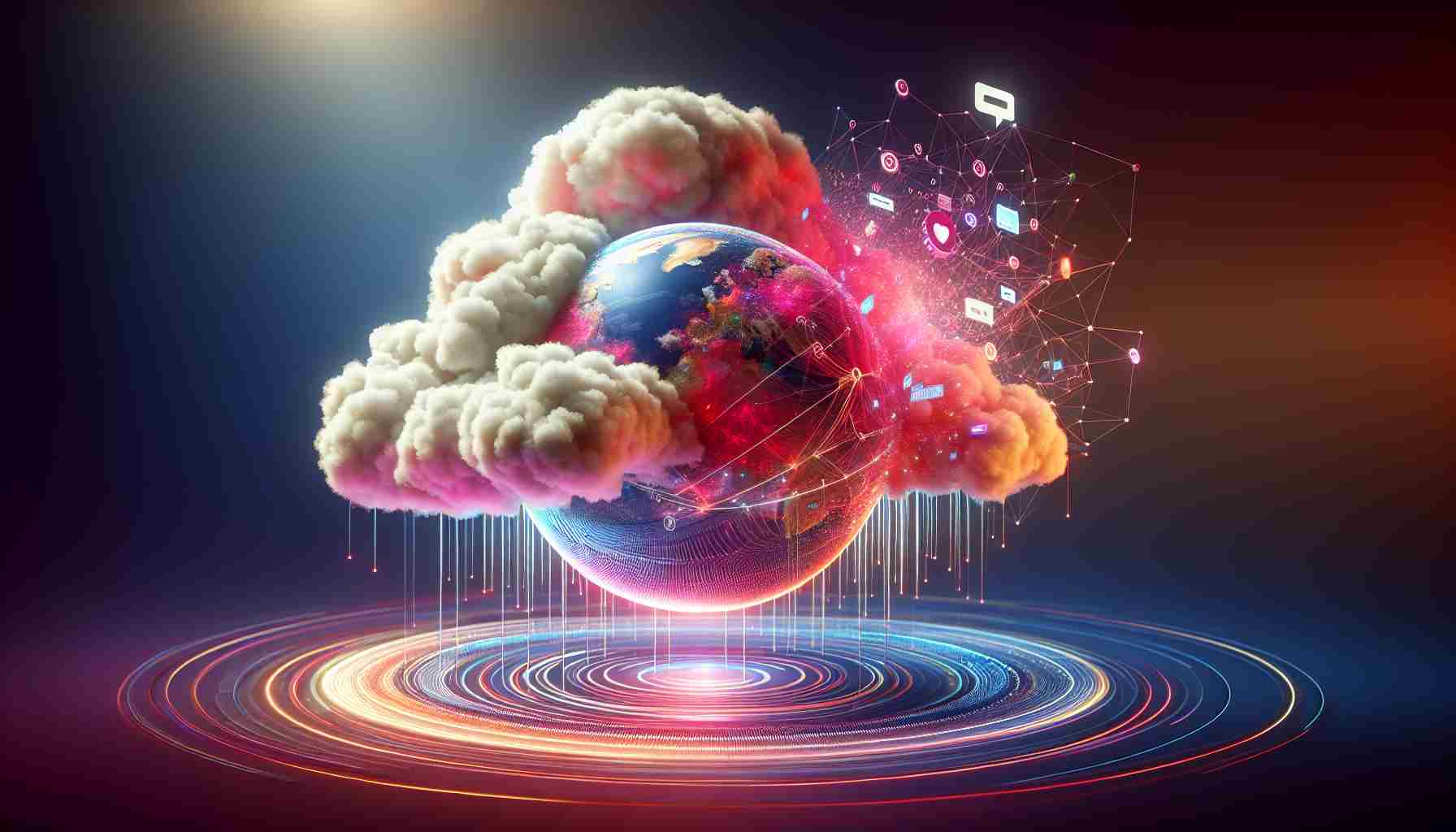 Generate a realistic HD photo of a digital cloud interacting surprising with an online sphere, which represents its unexpected role in bringing back an unnamed entity online.