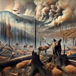 Generate a high-definition, realistic image showcasing the impact of wildfires on ecosystems. In the foreground, depict a fire-ravaged landscape - barren trees, ash-covered earth, and the smoky remnants of a once-lush place. In the background, show plumes of smoke billowing up into the sky. Amidst this devastation, show signs of wildlife affected by this catastrophe - a black bear cub peering anxiously from behind a burnt tree stump, a group of deer cautiously navigating the altered terrain. In the middle distance, include a flock of birds hastily flying away from the inferno.