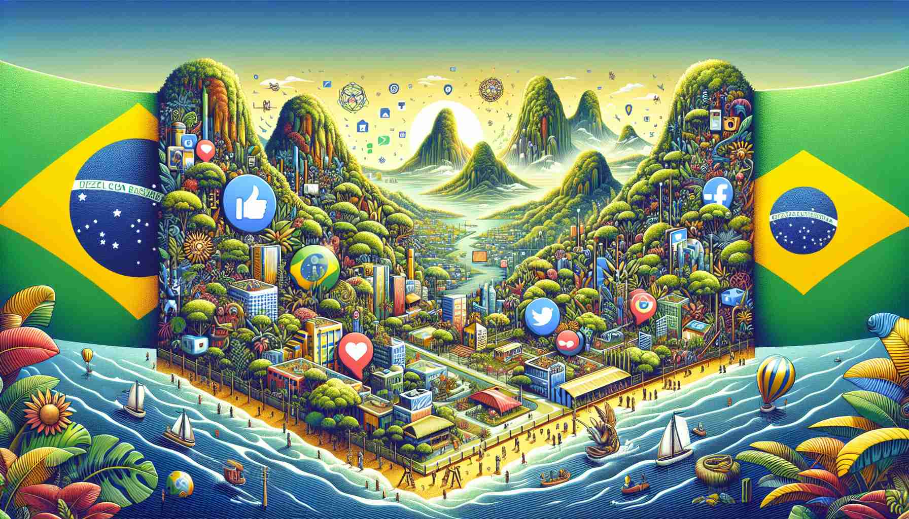 High-definition digital illustration representing Brazil's view on social media rights. The imagery should reflect key aspects of Brazilian culture and social media symbols. For instance, portray a digitally created landscape featuring iconic Brazilian elements such as tropical rainforests, landmarks, or traditional clothing. Intersperse this landscape with elements representing social media, such as symbols for sharing, posting, or online communication. Use of color and symbolism should suggest Brazilian sentiments towards social media rights.