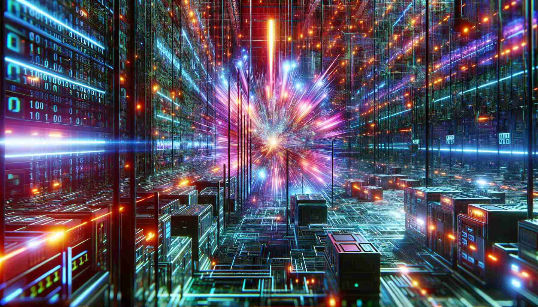 An ultra high definition and hyper-realistic image depicting an unusual scenario where a technical glitch has surprisingly allowed unauthorized access to a secure digital network situated in Brazil. The image vividly portrays the rapid data flow, binary codes, and complex network nodes, all intertwined in a labyrinthine fashion. The glitch is portrayed as a sudden, vivid burst of radiating, glitchy aesthetic, disrupting the otherwise orderly digital flow. The environment is intrinsically futuristic and tech-oriented, with tints of neon to suggest the high-tech cybernetic aspect.