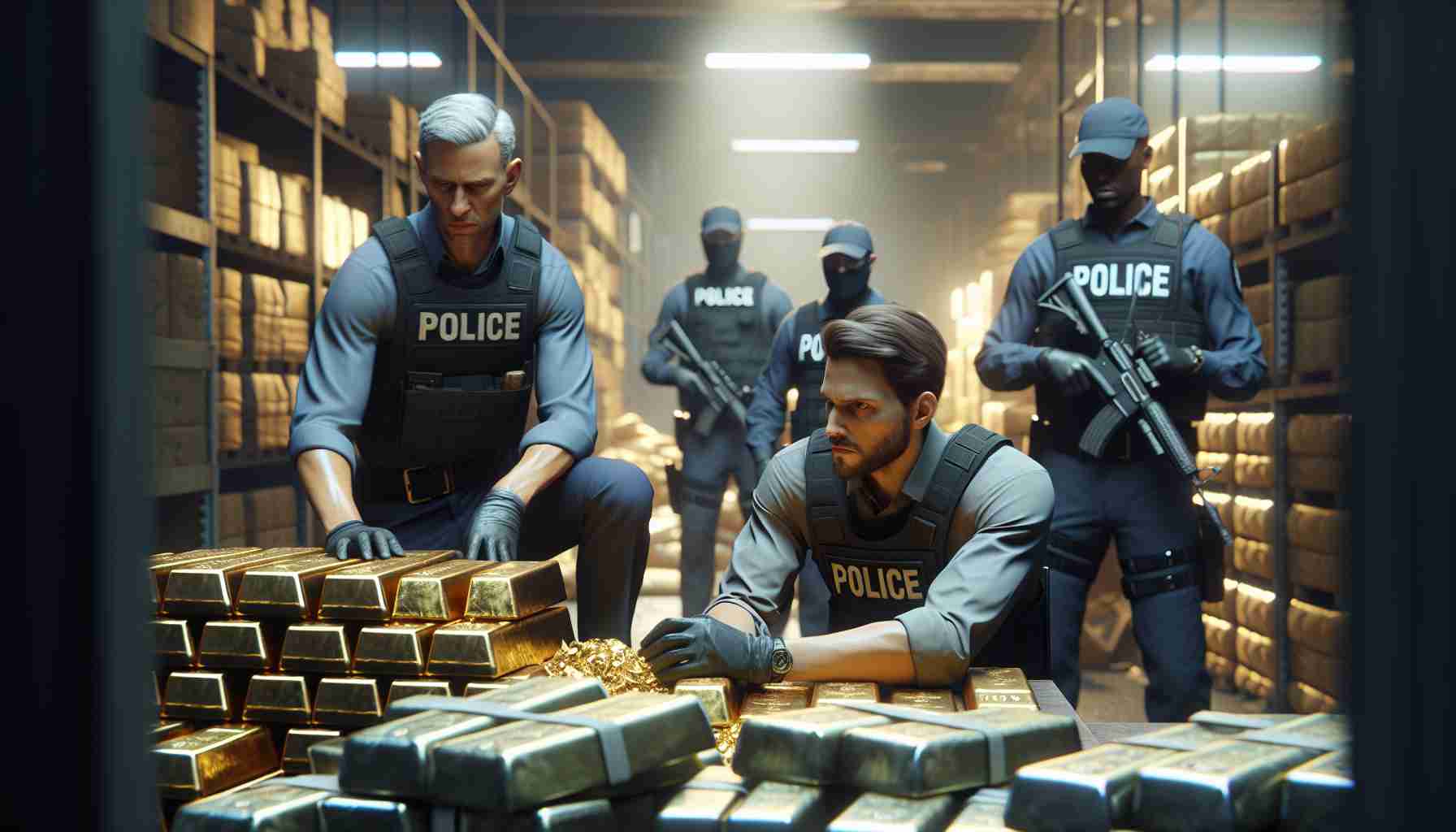 Generate a realistic, high-definition image displaying a scene in which law enforcement officers, of various descents including Caucasian and Hispanic, are conducting a crackdown on an illegal network. The focus of their operation is the confiscation of illegally obtained gold. The scene is set in a bustling urban environment, possibly in an office or a clandestine location, where piles of gold bars are being stored or transported. These officers appear focused and determined, embodying the firm stance of the law against such criminal undertakings.