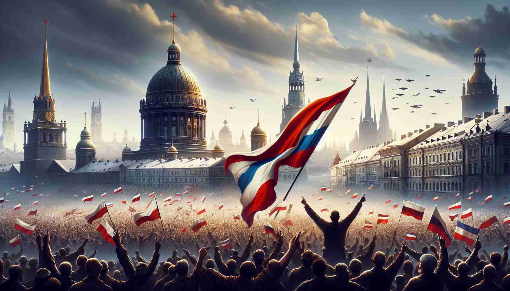 Realistic high-definition image of a symbolic representation of victory in a hypothetical conflict in Eastern Europe, featuring a celebratory crowd holding national flags amid a backdrop of a historical cityscape