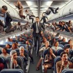 Realistic image depicting chaotic scene inside a passenger aircraft in flight. Include passengers of mixed descents such as Black, Caucasian, Hispanic, Middle-Eastern, South Asian. Men, women of different ages reacting variously - some trying to correct the turbulent situation, others expressing distress, and a few observing. The image should have high-definition quality and should accurately represent the chaos caused by an ambiguous misbehavior of one passenger. Flight attendants trying to mitigate the situation can be included as well.