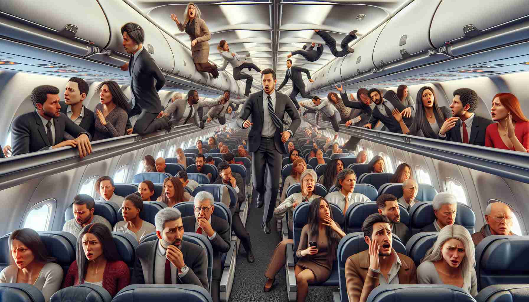 Realistic image depicting chaotic scene inside a passenger aircraft in flight. Include passengers of mixed descents such as Black, Caucasian, Hispanic, Middle-Eastern, South Asian. Men, women of different ages reacting variously - some trying to correct the turbulent situation, others expressing distress, and a few observing. The image should have high-definition quality and should accurately represent the chaos caused by an ambiguous misbehavior of one passenger. Flight attendants trying to mitigate the situation can be included as well.