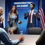 Realistic high-definition photo showcasing an unexpected incident at a debate featuring mayoral candidates. The scene includes a Caucasian female candidate and a South Asian male candidate in the middle of a discussion, when suddenly, an unconventional event occurs, surprising everyone present.