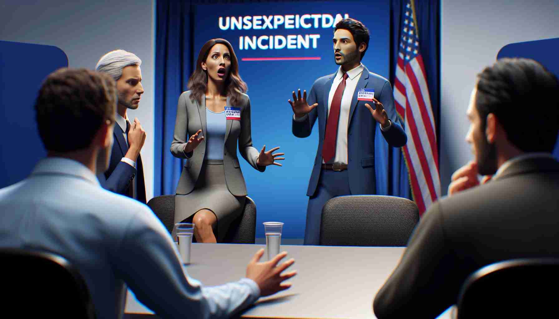 Realistic high-definition photo showcasing an unexpected incident at a debate featuring mayoral candidates. The scene includes a Caucasian female candidate and a South Asian male candidate in the middle of a discussion, when suddenly, an unconventional event occurs, surprising everyone present.