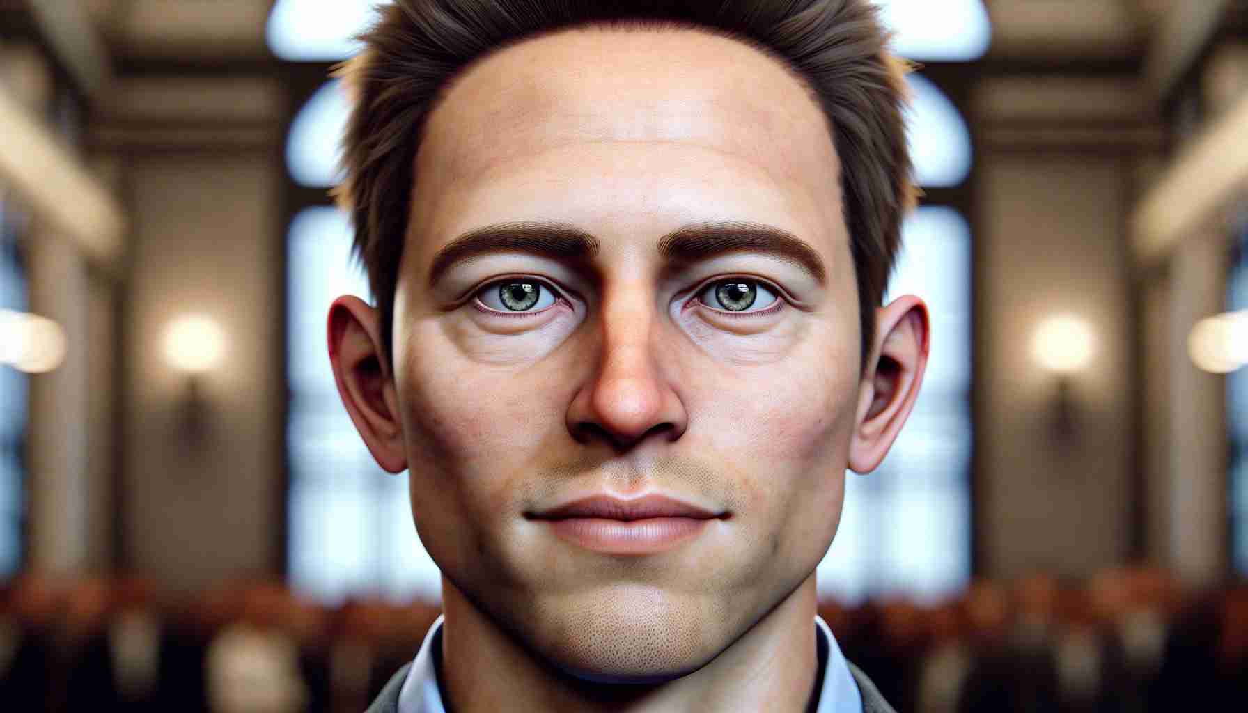 A realistic HD photo of a renowned technology entrepreneur's social media stance sparking global debate. He is seen with his distinct facial features - short, light brown hair, expressive blue eyes, and a seemingly perpetual five o'clock shadow. The background suggests a formal setting, a vibe of innovation and forward-thinking.