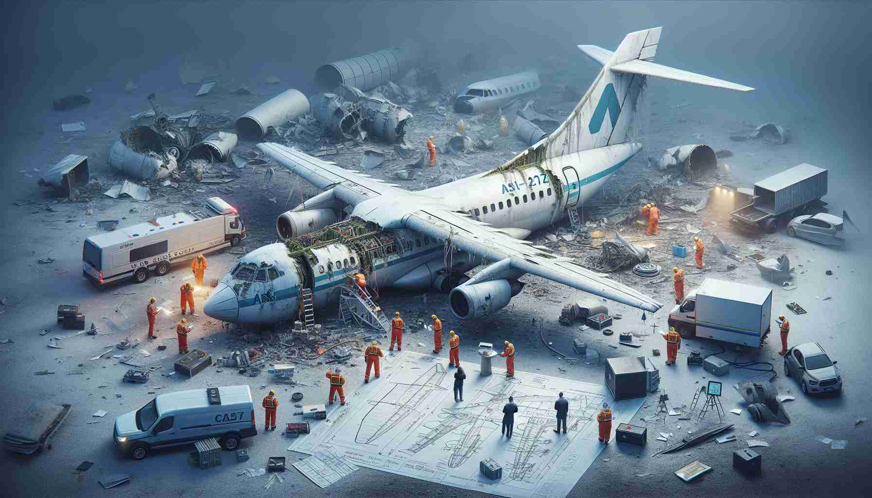 High-definition, realistic image of an investigation scene focusing on an ATR-72 aircraft, suggesting that a deicing system failure caused the crash. The scene includes investigators examining the aircraft which is damaged but largely intact, wreckage scattered around, along with the ATR-72's deicing system. Preferable inclusion of elements like charts, blueprints of the plane, flight data recorders, etc. to depict the investigation process.