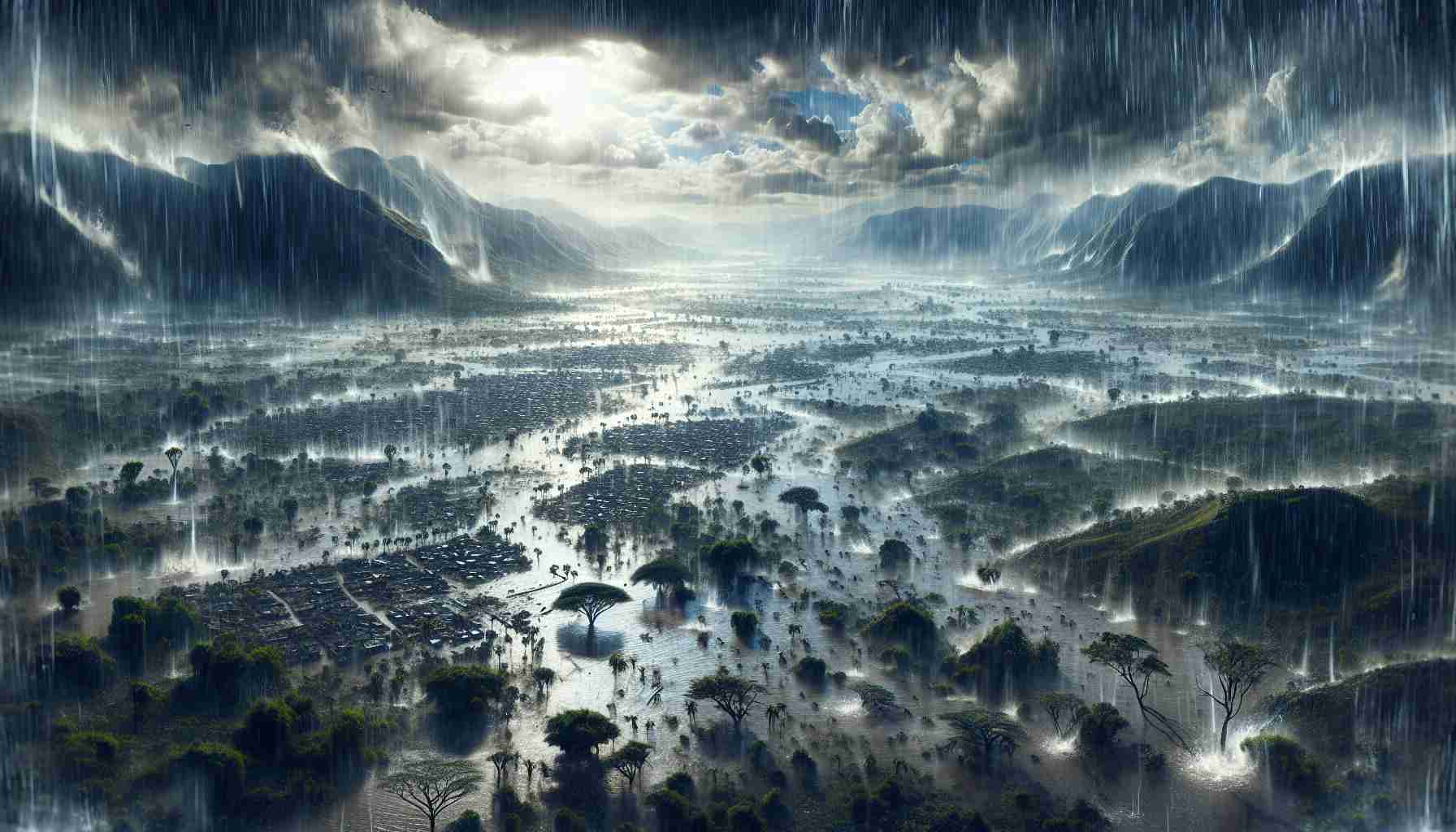 Depiction of intense rainfall in Africa, where the rain is so heavy it almost blurs the landscape. Vast floods can be seen overwhelming parts of the terrain, uprooting trees and swamping low-lying settlements. A weeping sky looms over a world submerged in water; streets have transformed into rivers, and fields into lakes, setting a scene of nature's destructive power. Please make this image high-definition and realistic.