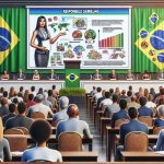 Create a realistic high-definition picture showcasing the efforts to promote responsible gambling in Brazil. Visualize an educational event happening in a well-lit conference hall. A South Asian female speaker is giving a presentation, using a large screen displaying facts and diagrams about responsible gambling. A diverse audience of men and women of different descents, including Caucasian, Hispanic, Black, and Middle-Eastern, are attentively listening. Brazilian flags and anti-gambling banners adorn the walls. Include details like pamphlets about 'Responsible Gambling', sign boards, and participants taking notes.