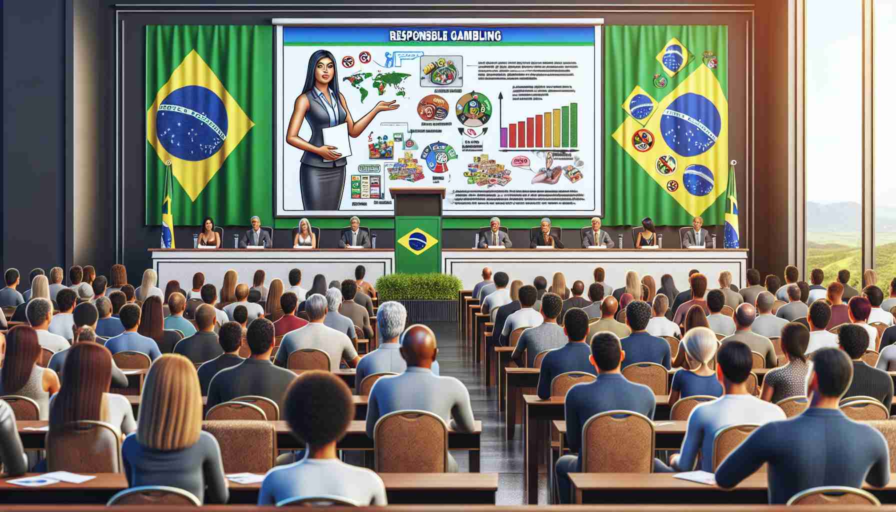 Create a realistic high-definition picture showcasing the efforts to promote responsible gambling in Brazil. Visualize an educational event happening in a well-lit conference hall. A South Asian female speaker is giving a presentation, using a large screen displaying facts and diagrams about responsible gambling. A diverse audience of men and women of different descents, including Caucasian, Hispanic, Black, and Middle-Eastern, are attentively listening. Brazilian flags and anti-gambling banners adorn the walls. Include details like pamphlets about 'Responsible Gambling', sign boards, and participants taking notes.