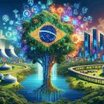 An impressive high-definition illustration of a symbolic representation of tech giant's hefty financial investment in Brazil, shown as a tree comprising futuristic technology elements to signify AI Ecosystem. Visionary buildings symbolizing enhanced technology infrastructure can be seen in the background, positioned within a beautiful Brazilian landscape with rich biodiversity. A vibrant color scheme helps encapsulate the progressive and dynamic nature of this endeavor.