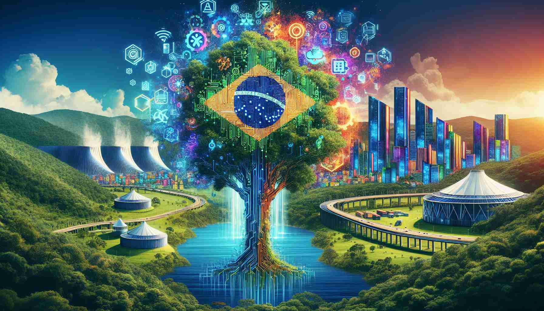 An impressive high-definition illustration of a symbolic representation of tech giant's hefty financial investment in Brazil, shown as a tree comprising futuristic technology elements to signify AI Ecosystem. Visionary buildings symbolizing enhanced technology infrastructure can be seen in the background, positioned within a beautiful Brazilian landscape with rich biodiversity. A vibrant color scheme helps encapsulate the progressive and dynamic nature of this endeavor.