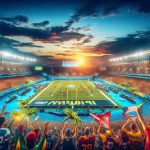 A vibrant, high-definition image showcasing the enthusiastic fans gathering for an unprecedented American Football match taking place in Brazil. The image captures the atmosphere of excitement, with the stadium lit up and fan banners waving around. The field is prepped and ready, under the bluish evening sky with ornamental palm trees lining the horizon. Involved teams' logos are painted on the field while athletes are warming up for the game. The setting sun paints the sky with patches of orange and pink, amplifying the sense of an upcoming celebration.