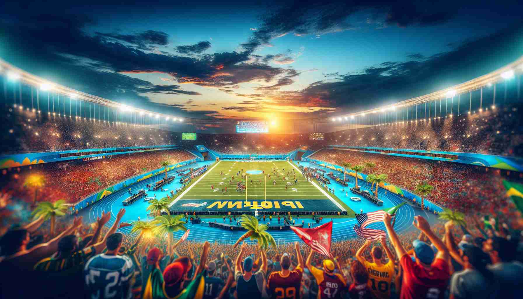 A vibrant, high-definition image showcasing the enthusiastic fans gathering for an unprecedented American Football match taking place in Brazil. The image captures the atmosphere of excitement, with the stadium lit up and fan banners waving around. The field is prepped and ready, under the bluish evening sky with ornamental palm trees lining the horizon. Involved teams' logos are painted on the field while athletes are warming up for the game. The setting sun paints the sky with patches of orange and pink, amplifying the sense of an upcoming celebration.