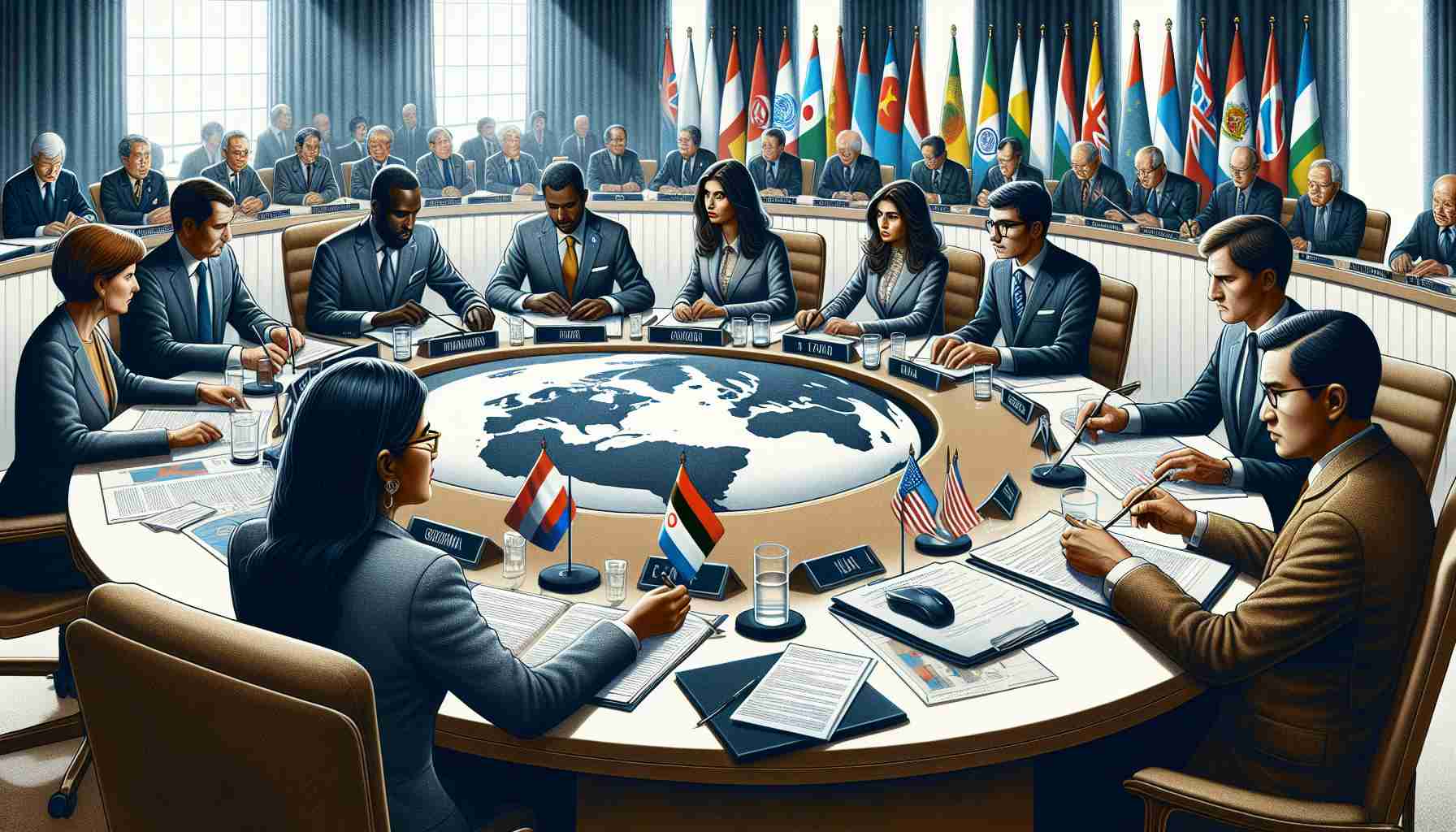 A detailed depiction of an international assembly where representatives from different global regions are engaged in serious discussion. Each representative's demeanor conveys an urgency for collective disarmament efforts. We can see a Hispanic woman, a Middle-Eastern man, a Caucasian man, a Black woman, and a South Asian man, all dressed appropriately for diplomacy. The setting might include a round table, microphones, country flags, documents, and charts or graphs showing statistics. The overall mood of the image should convey the gravity and earnestness of their task.