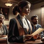 A high-definition, realistic image portraying a narrative of a daughter's pursuit for justice. She is a young adult, of South Asian descent, determined and resilient, wearing a suit styled traditionally for a lawyer. She is depicted in a well-lit courtroom, holding a set of legal documents, making a compelling argument in front of a neutral jury. Nearby, her supportive parents, her father of Hispanic descent and mother of Middle-Eastern descent, watch with keen interest and immense pride. The general atmosphere of the scene emphasizes the theme of persistent pursuit of justice.