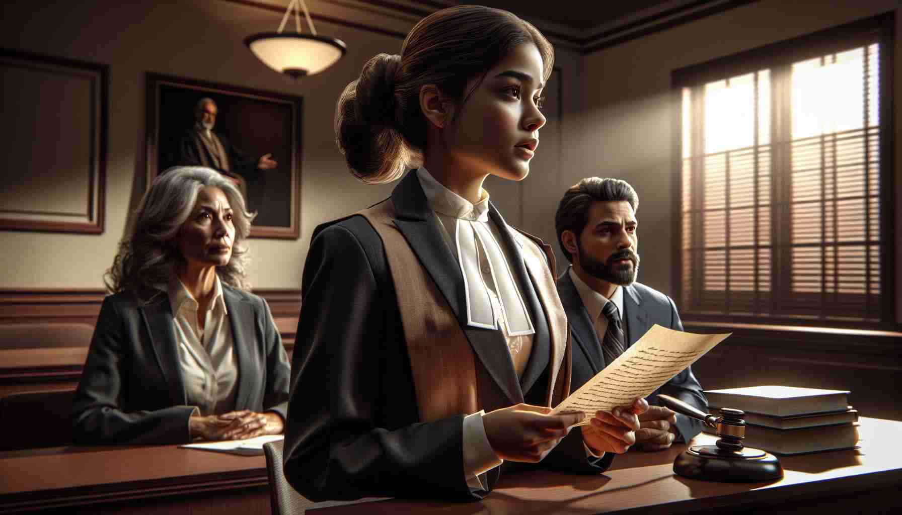 A high-definition, realistic image portraying a narrative of a daughter's pursuit for justice. She is a young adult, of South Asian descent, determined and resilient, wearing a suit styled traditionally for a lawyer. She is depicted in a well-lit courtroom, holding a set of legal documents, making a compelling argument in front of a neutral jury. Nearby, her supportive parents, her father of Hispanic descent and mother of Middle-Eastern descent, watch with keen interest and immense pride. The general atmosphere of the scene emphasizes the theme of persistent pursuit of justice.