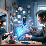 A high-definition, realistic image representing the concept of 'Embracing Adulthood: A Gateway to Online Opportunities'. The scene includes a young Asian man using a laptop in a home office setting, symbolizing the gateway to online opportunities. Beside him, there's a mirror reflecting a Caucasian girl transitioning from childhood (depicted through toys and kids’ drawings) to adulthood (graduation cap, business suit). Digital elements like emails and website icons float from the laptop screen, indicating the online opportunities being explored. The story of embracing adulthood and stepping into the digital world should be clearly depicted.