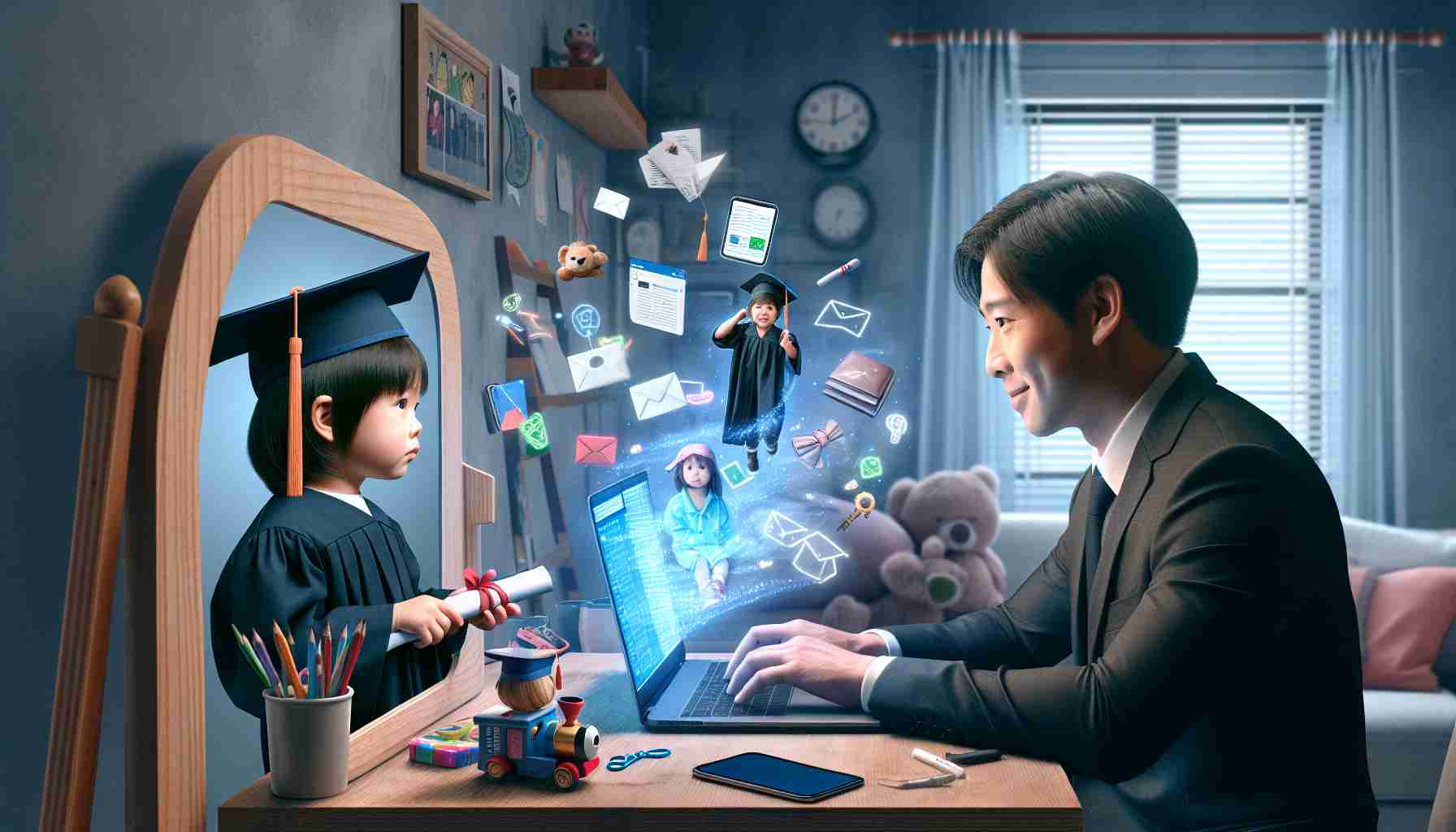 A high-definition, realistic image representing the concept of 'Embracing Adulthood: A Gateway to Online Opportunities'. The scene includes a young Asian man using a laptop in a home office setting, symbolizing the gateway to online opportunities. Beside him, there's a mirror reflecting a Caucasian girl transitioning from childhood (depicted through toys and kids’ drawings) to adulthood (graduation cap, business suit). Digital elements like emails and website icons float from the laptop screen, indicating the online opportunities being explored. The story of embracing adulthood and stepping into the digital world should be clearly depicted.