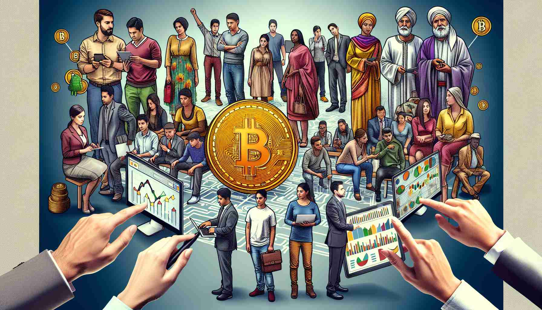 Create a visually engaging and realistic High-Definition image that symbolizes the rise of digital currency in Latin America. Illustrate a diverse group of South American people, both men and women with varying descent such as Caucasian, Hispanic, Black, Middle-Eastern, engaged in activities related to digital currency. This could include someone making an online transaction using digital currency, individuals discussing digital currency, or others studying market trends on a computer screen. Balancing the human element, include tangible symbols of digital currency such as illustrated Bitcoins and graphs indicating growth.