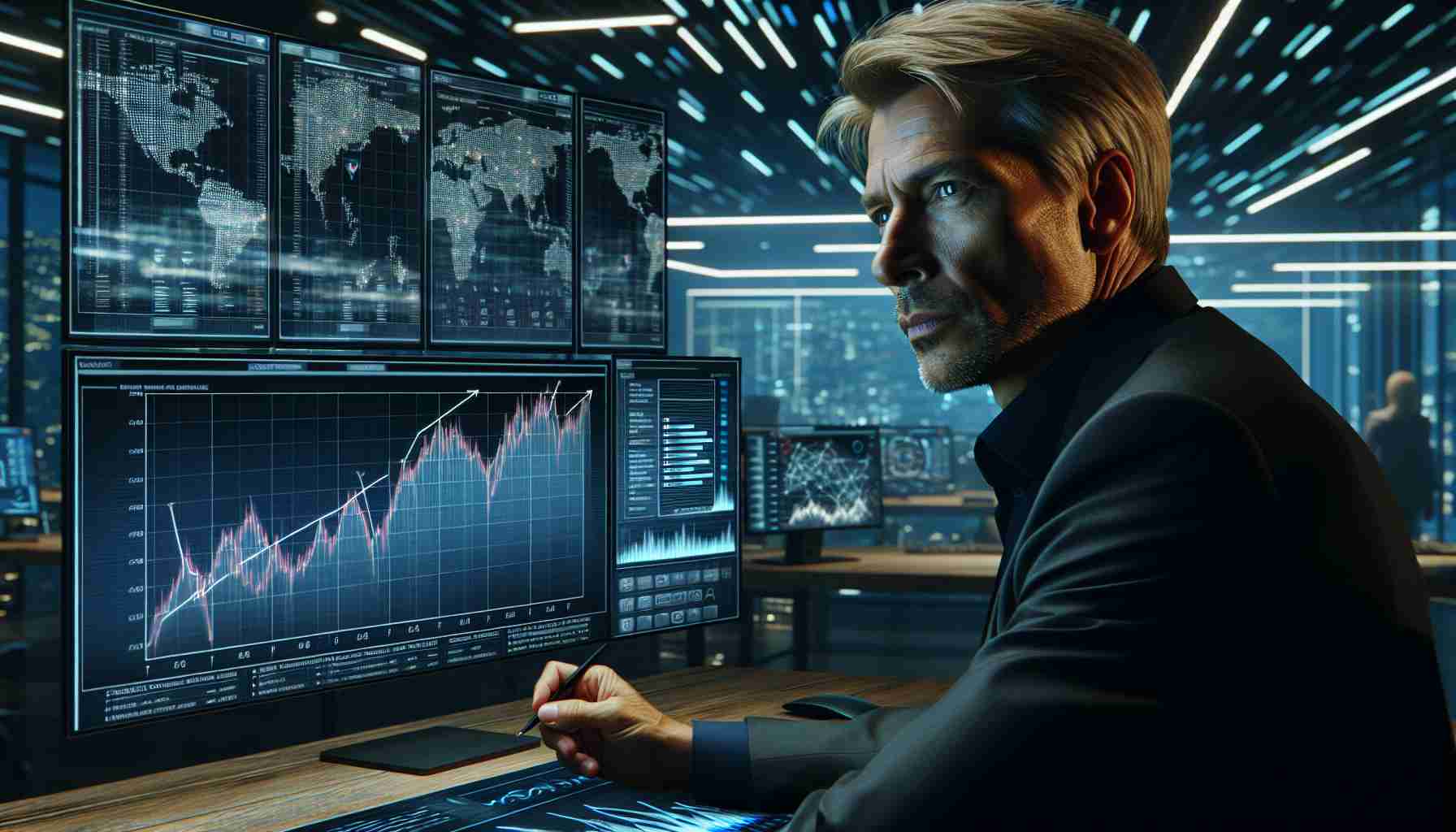 Generate a high-definition, realistic image of a fictitious tech entrepreneur in his business environment while examining screen displays showing a downward trend in global usage metrics for his high-tech platform. The entrepreneur should be middle-aged and have features such as short blond hair, a bit of stubble, and a serious look. The room should be modern and futuristic, filled with large screens, graphs, and tech gadgets. The trend chart should clearly depict a decline in global user activity for the tech platform.