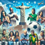 A high-resolution image that symbolizes the revolution of social media in Brazil. It includes elements of Brazilian culture, such as the iconic Cristo Redentor statue in the background, a symbolic representation of their football passion with a ball placed strategically in the scene. A group of diverse Brazilian individuals are shown engaging with various social media platforms on handheld devices. A Black woman, a Caucasian man, a South Asian youngster, and a Middle Eastern elder are all focused on their digital screens, symbolizing the wide demographic of users impacted by this revolution.