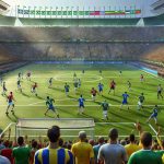 Generate a realistic and high definition image of a charity exhibition soccer match happening in Brazil. The football ground should radiate with energy and enthusiasm from the cheering audience. The players on the ground should be skillfully seasoned athletes demonstrating advanced football maneuvers. Please include distinct elements to represent Brazil, such as the vibrant national colors, crowds waving flags, and notable landmarks.