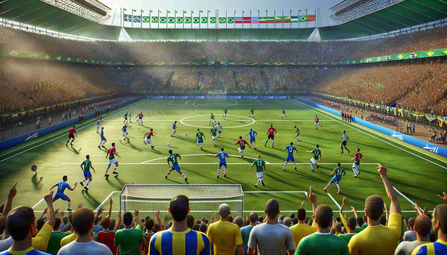 Generate a realistic and high definition image of a charity exhibition soccer match happening in Brazil. The football ground should radiate with energy and enthusiasm from the cheering audience. The players on the ground should be skillfully seasoned athletes demonstrating advanced football maneuvers. Please include distinct elements to represent Brazil, such as the vibrant national colors, crowds waving flags, and notable landmarks.