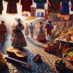 A realistic high-definition image depicting one's exploratory journey into the vibrant and colorful culture of Pernambuco, Brazil. Traditional Brazilian clothing stands out with its vibrant colors in a local market stocked with indigenous crafts and fresh fruits. Musical instruments used in Maracatu, a folkloric tradition emblematic of Pernambuco, come to life. The scene encapsulates the energy of dancers moving to the rhythm of Frevo music in the Carnaval de Pernambuco. Viewers feel immersed in the social and cultural dynamics of Pernambuco, appreciating its depth and diversity from new perspectives.