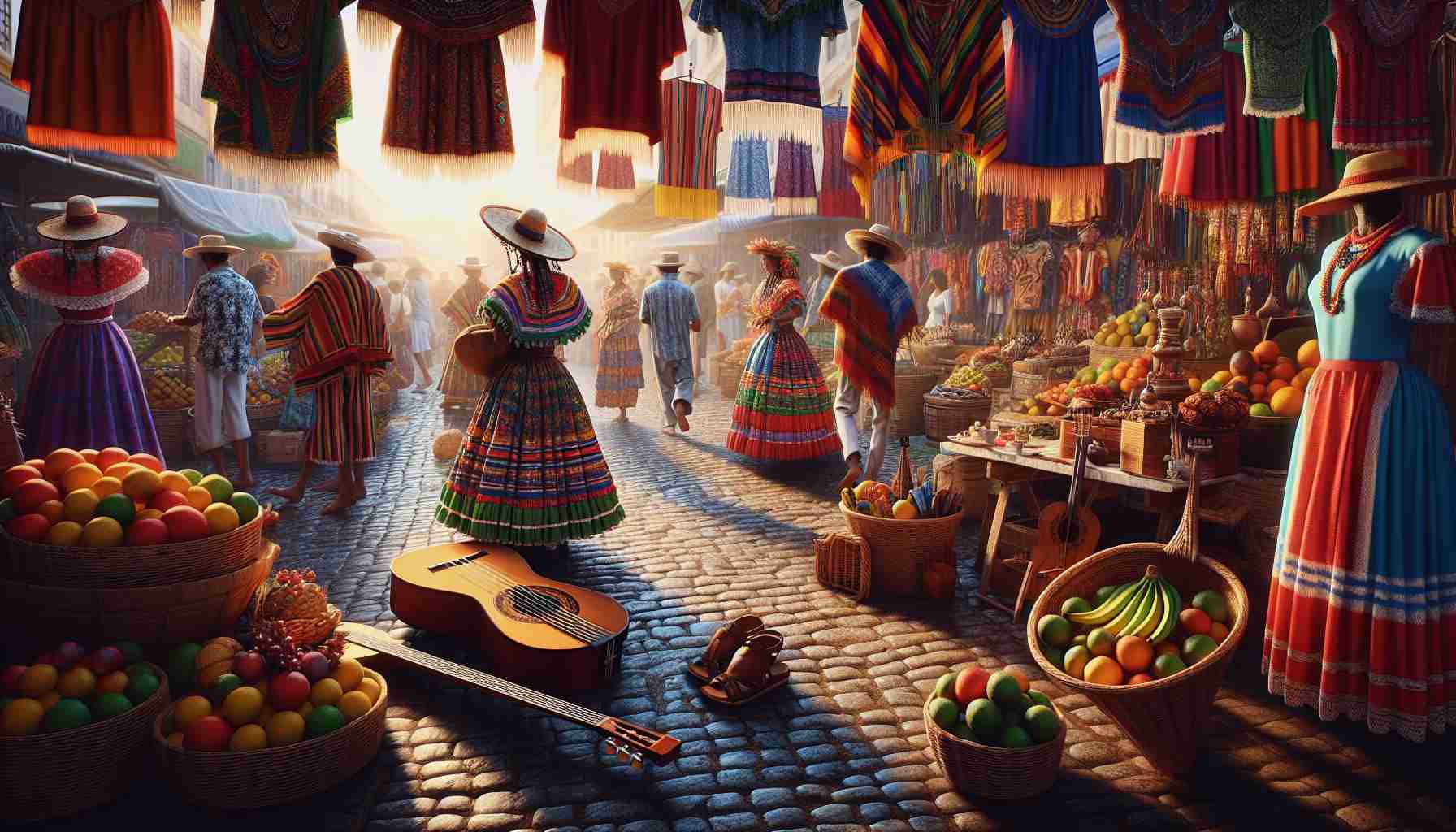 A realistic high-definition image depicting one's exploratory journey into the vibrant and colorful culture of Pernambuco, Brazil. Traditional Brazilian clothing stands out with its vibrant colors in a local market stocked with indigenous crafts and fresh fruits. Musical instruments used in Maracatu, a folkloric tradition emblematic of Pernambuco, come to life. The scene encapsulates the energy of dancers moving to the rhythm of Frevo music in the Carnaval de Pernambuco. Viewers feel immersed in the social and cultural dynamics of Pernambuco, appreciating its depth and diversity from new perspectives.