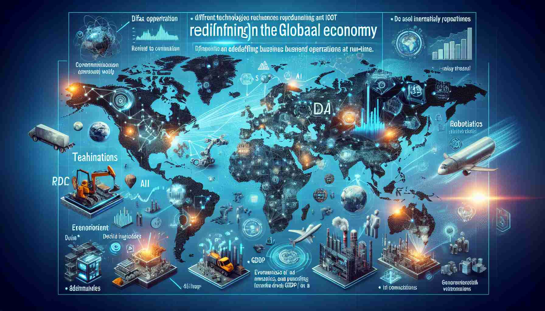 Visual representation of the impact of technology on the global economy. It should be a high-definition image showcasing different technologies like AI, robotics, and internet of things (IoT) redefining business operations at run-time. Across different continents, depict economies flourishing due to advancements. Key indicators include increased international trade, rise in GDP, and an interconnected world. Make it as realistic as possible with elements such as digital maps, data streams flowing between continents, and tech-operated factories producing goods at a faster rate.