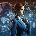 Detailed high-definition illustration of an individual who is an emerging visionary in the global media industry. This person is characterized by innovation and determination. She carries herself with confidence and sophistication, reflecting her ever-growing impact in her field. The person is professionally dressed and has a look of deep thought, symbolizing her critical thinking and problem-solving skills. The setting is hinting at her profession, filled with symbolic icons like satellite globes, television screens, and microphones.