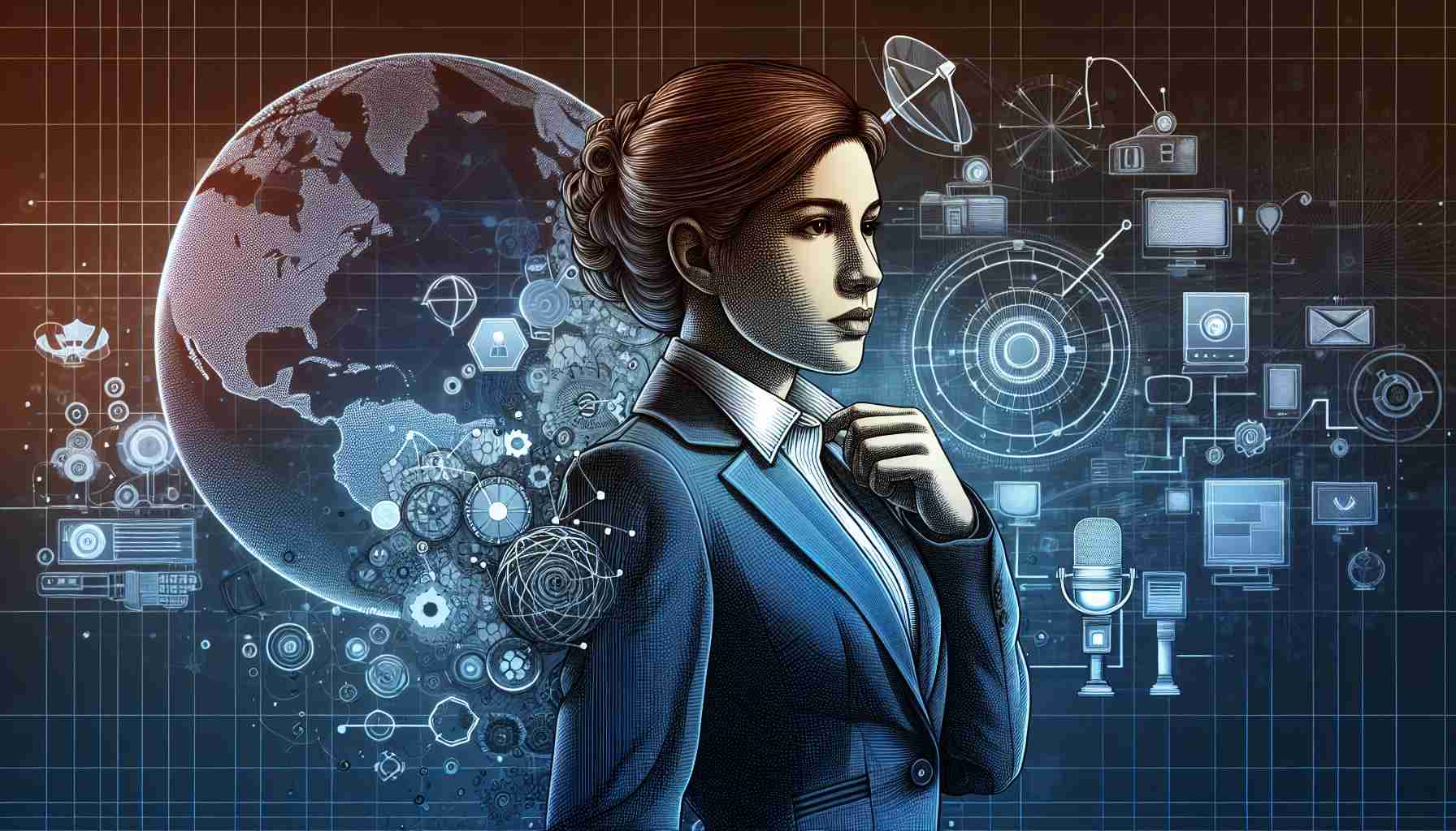 Detailed high-definition illustration of an individual who is an emerging visionary in the global media industry. This person is characterized by innovation and determination. She carries herself with confidence and sophistication, reflecting her ever-growing impact in her field. The person is professionally dressed and has a look of deep thought, symbolizing her critical thinking and problem-solving skills. The setting is hinting at her profession, filled with symbolic icons like satellite globes, television screens, and microphones.