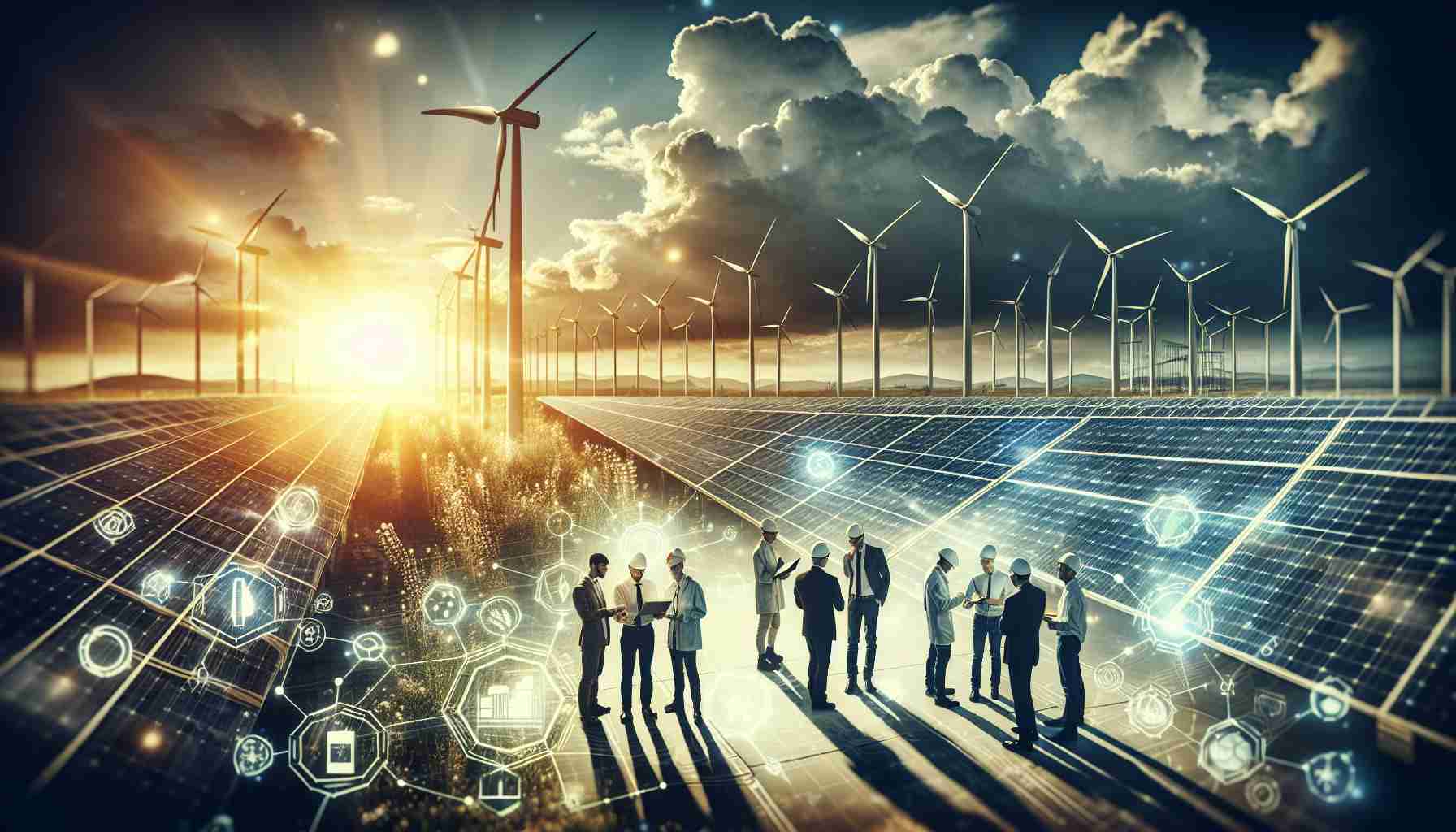 An HD image demonstrating the exploration of new horizons in sustainable energy. In the foreground, an array of solar panels glinting in the sunlight, catching the energy from the glowing sun as it filters through a partially cloudy sky. Nearby, a group of multiracial engineers, both men and women, are in a discussion, observing some diagrams their hands. In the distance, wind turbines gracefully cut through the calm air, standing as silent guardians of this renewable energy landscape. The overall atmosphere is that of innovation and green solutions, an eco-friendly alternative to traditional energy methods.